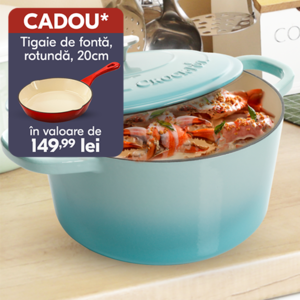 vas de fonta bleu pe masa cu mancare inauntru