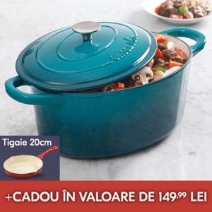 vas de fonta crockpot oval turcoaz pe masa