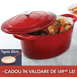 vas de fonta oval rosu cu mancare