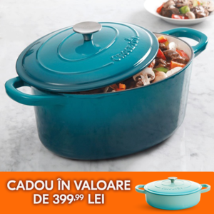 vas de fonta crockpot oval turcoaz pe masa
