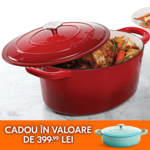 vas de fonta oval rosu cu mancare