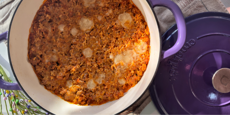 Rețetă paste bolognese în vasul de fontă emailată by Delicatese Baby Friendly